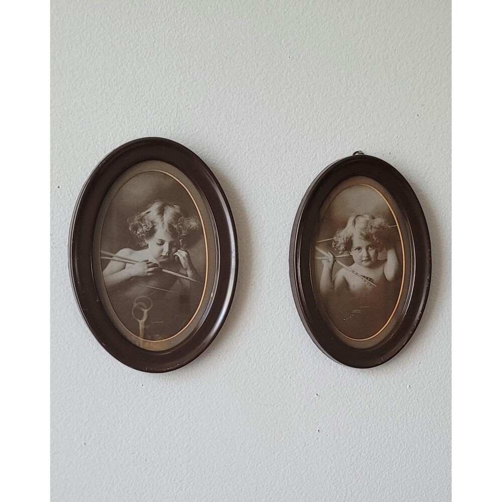 Vintage Framed Portrait Prints: Cupid Asleep Cupid Awake Set of Two